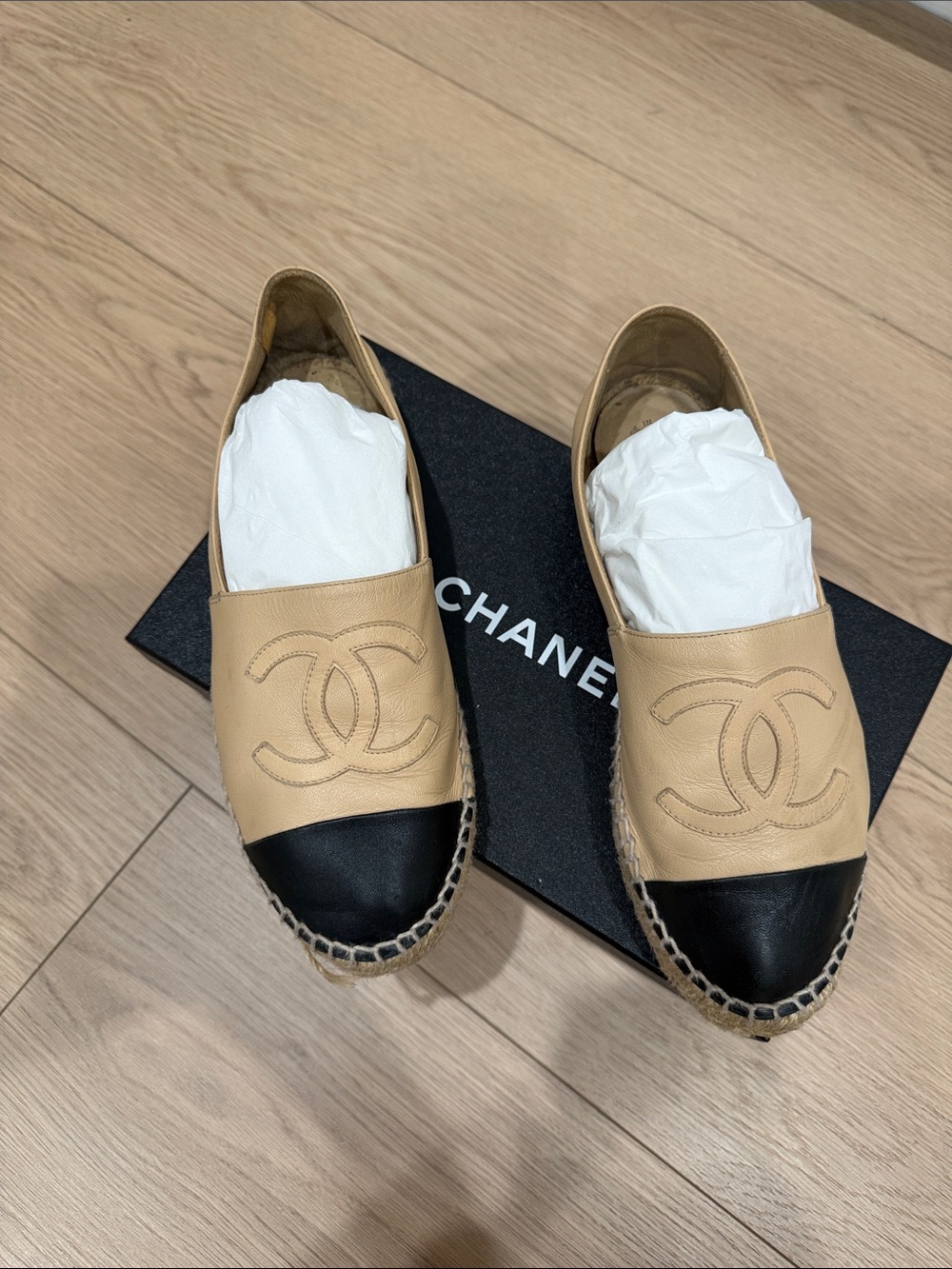 CHANEL Beige Leather Espadrilles with Black Cap Toe